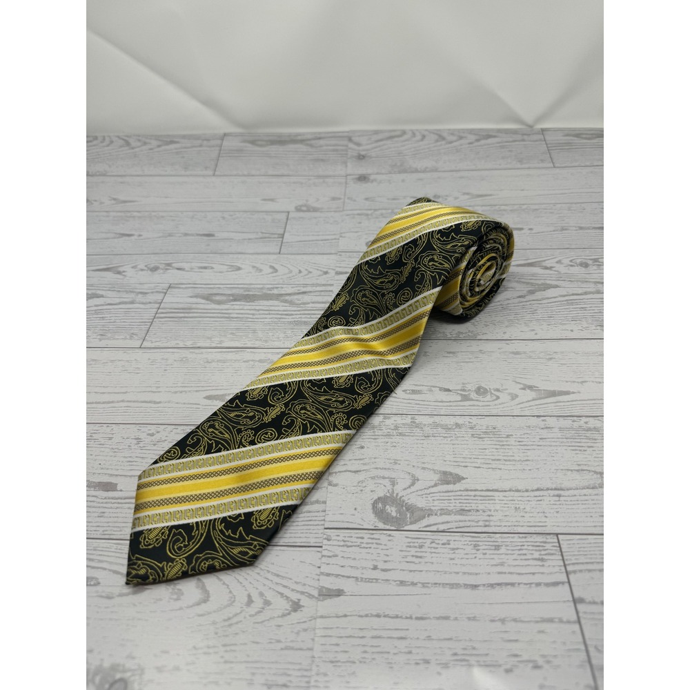 John Sparks Mens Necktie Black‎ Gold Paisley Striped Business Fashion